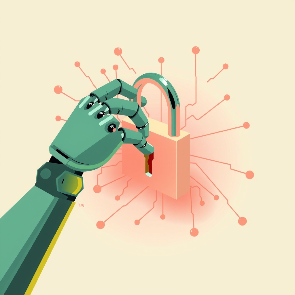 A robotic hand struggling with a digital security lock.
