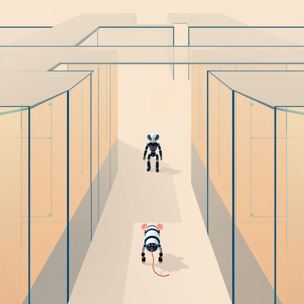 Un robot trouvant un raccourci dans un labyrinthe de verre comparé à un humain parcourant le chemin complet.