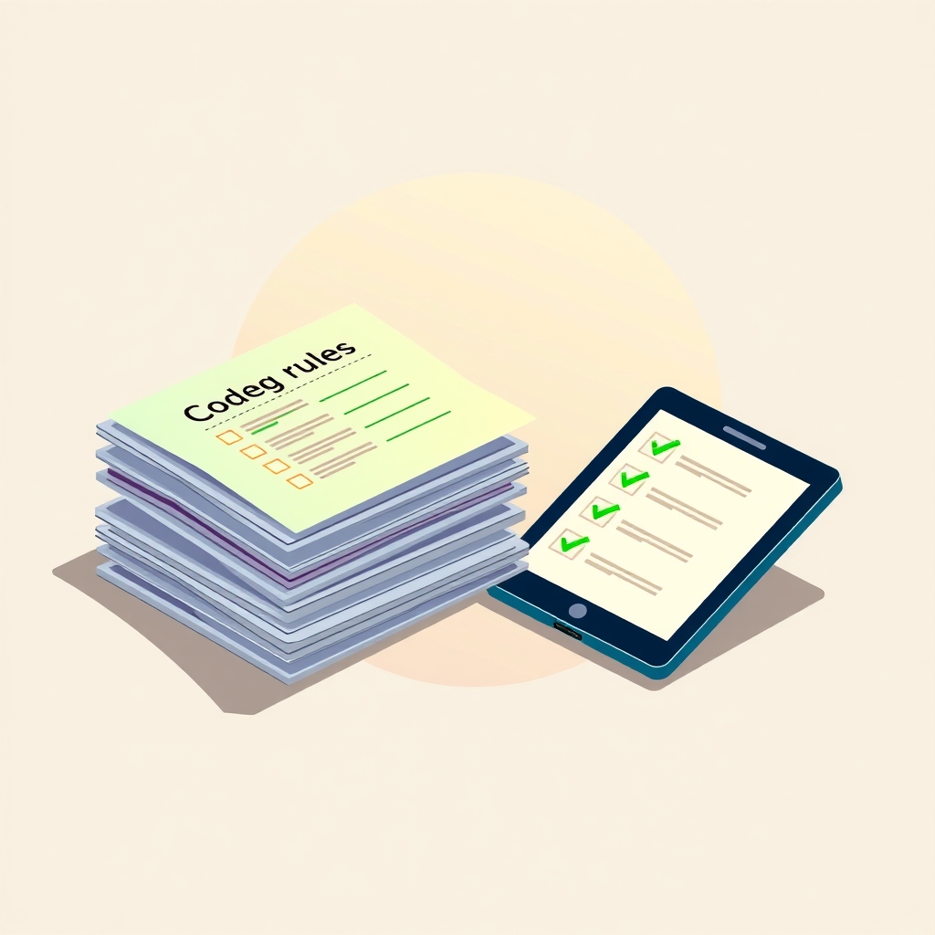 Paper rule documents next to a digital checklist on a tablet