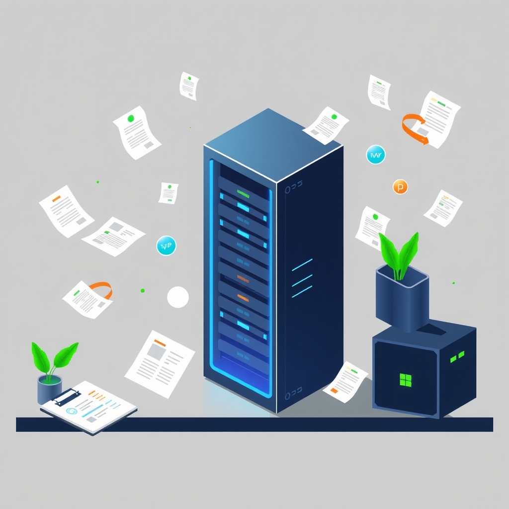 Ein Glas-Serverrack mit leuchtend blauen Lichtern und schwebenden digitalen Workflow-Diagrammen.