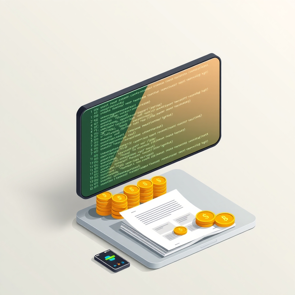 A glass terminal with code floating over money and documents