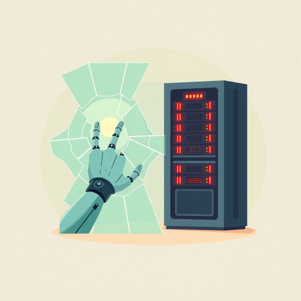 A robotic hand breaking through a barrier to reach a server, symbolizing AI security breaches.