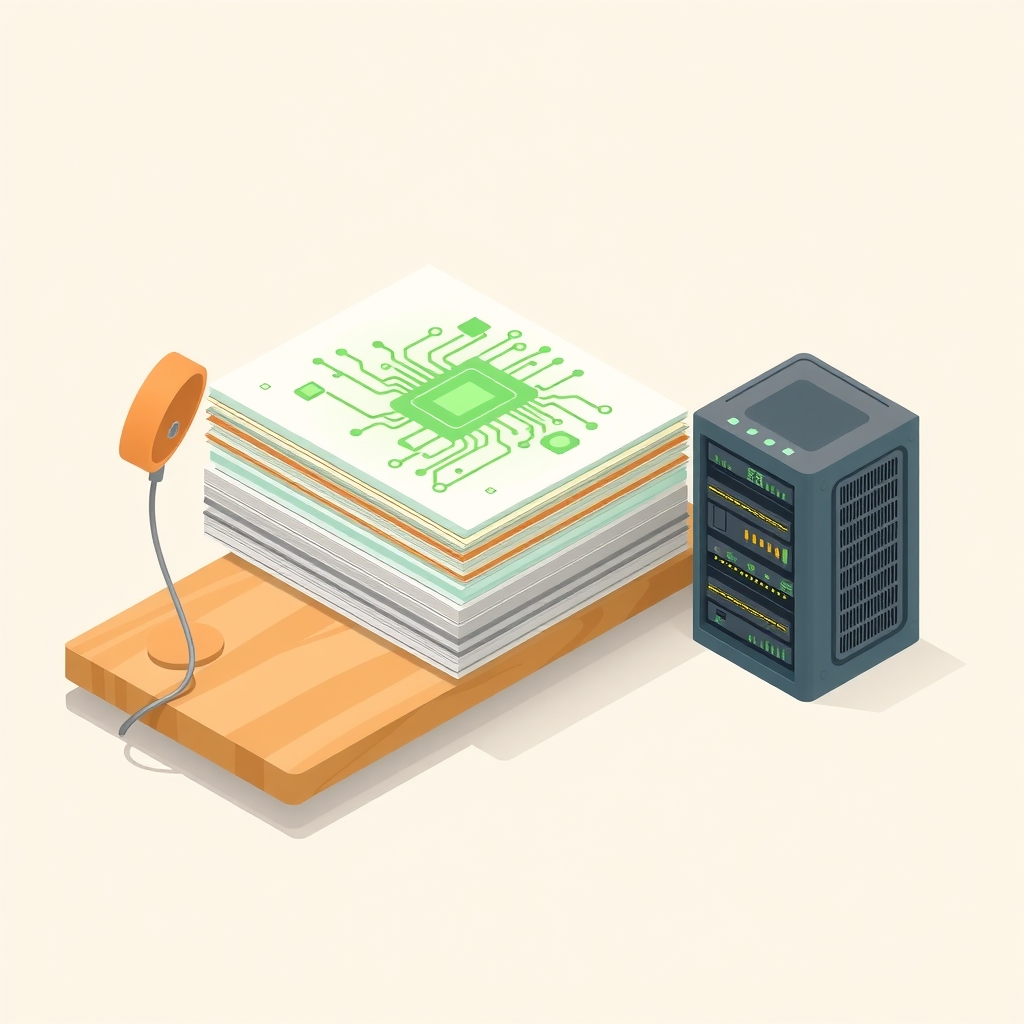Stack of IPO documents with circuit patterns beside a server rack