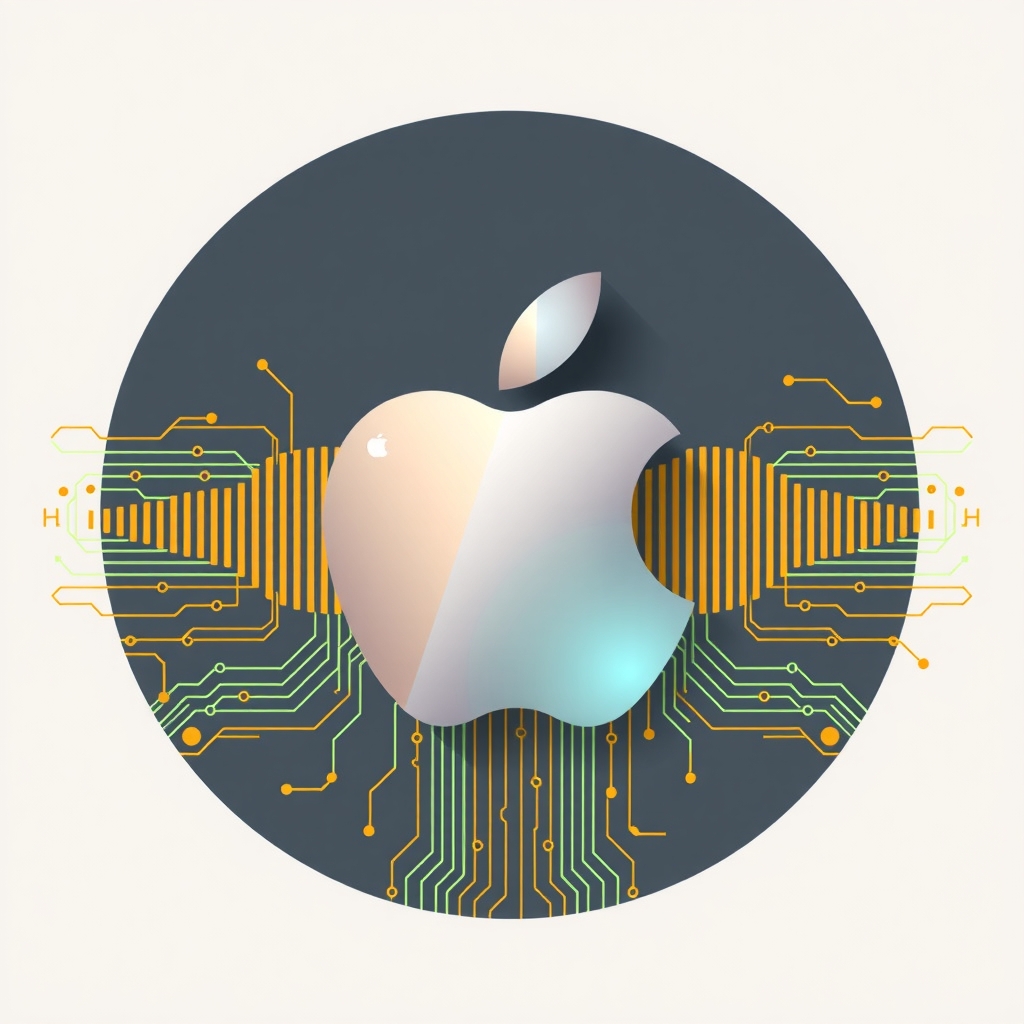 Logo de Apple fusionándose con formas de onda de audio y circuitos