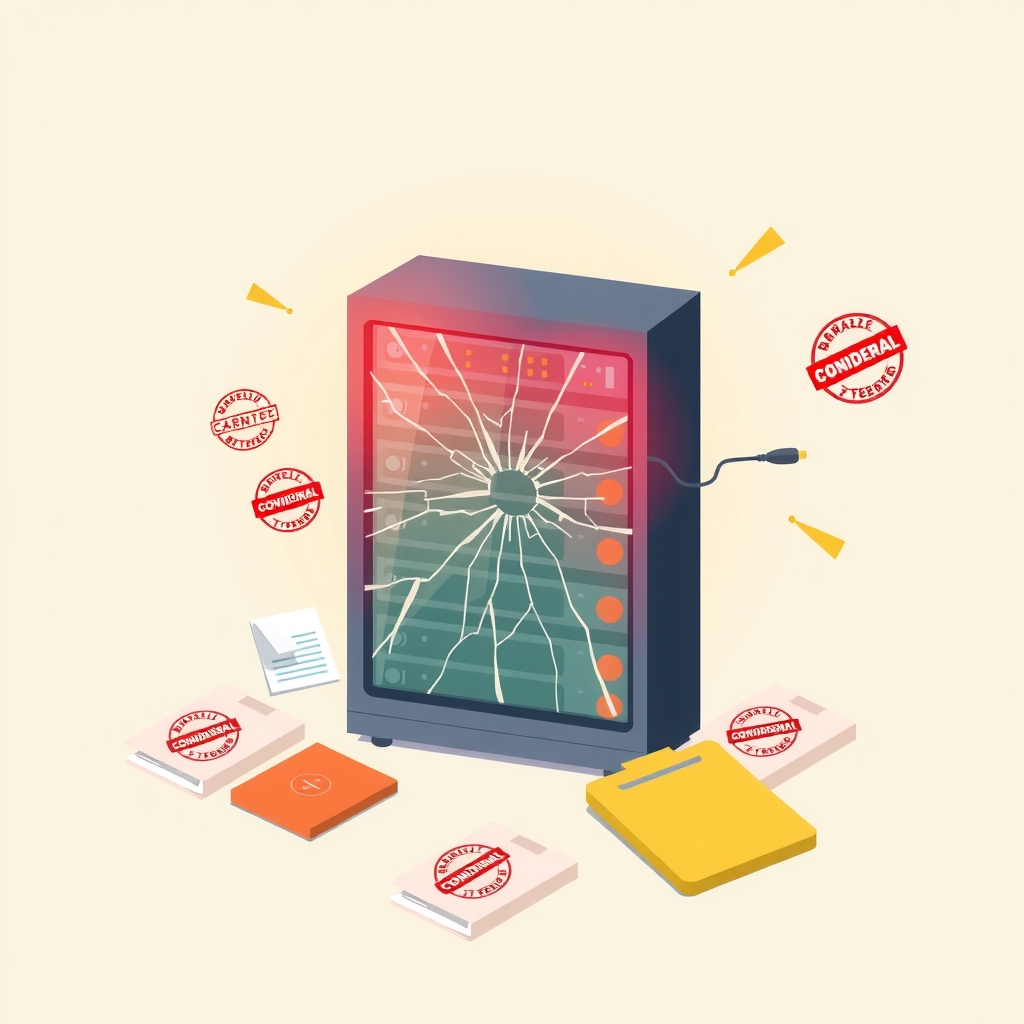Illustration of a compromised server rack with warning lights and exposed documents