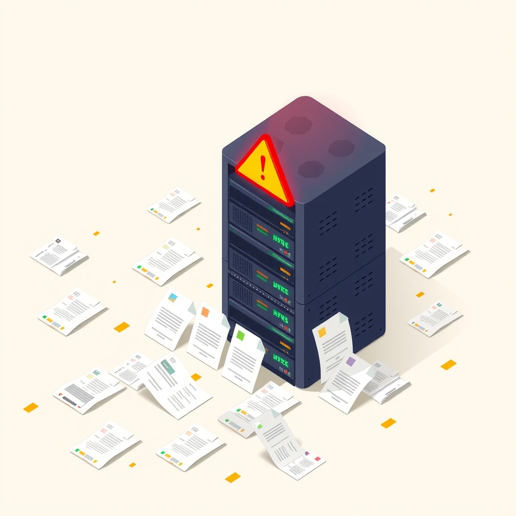 Racks de servidores con un símbolo de advertencia de seguridad y documentos de rutas de archivo