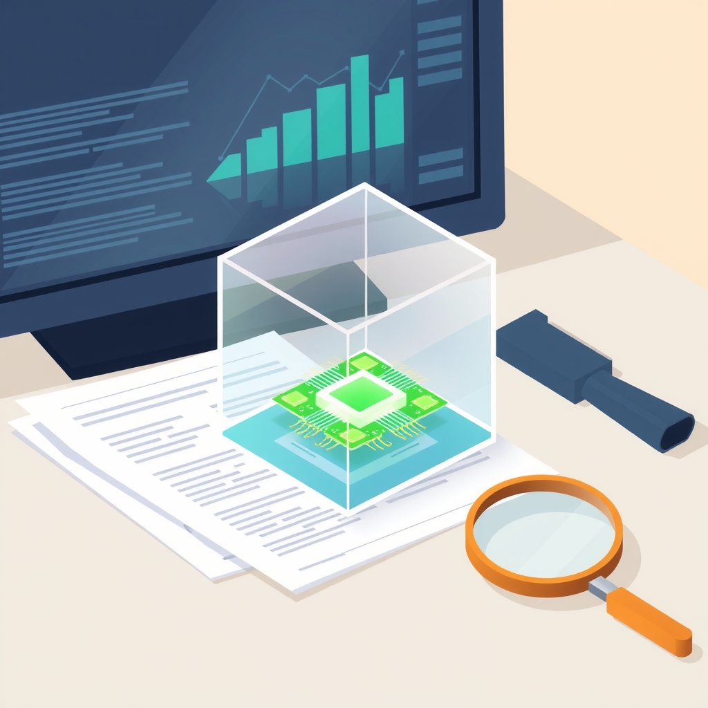 Illustration of a glass cube with circuits next to paper documents