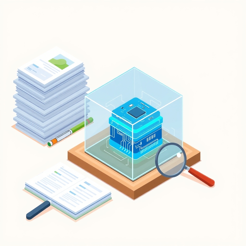 Un cube en verre avec des circuits lumineux représentant le traitement de l'IA à côté de documents physiques.