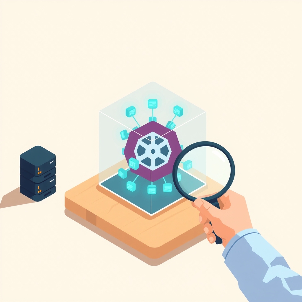 A glass cube representing a Kubernetes cluster with glowing nodes and a hand inspecting it.
