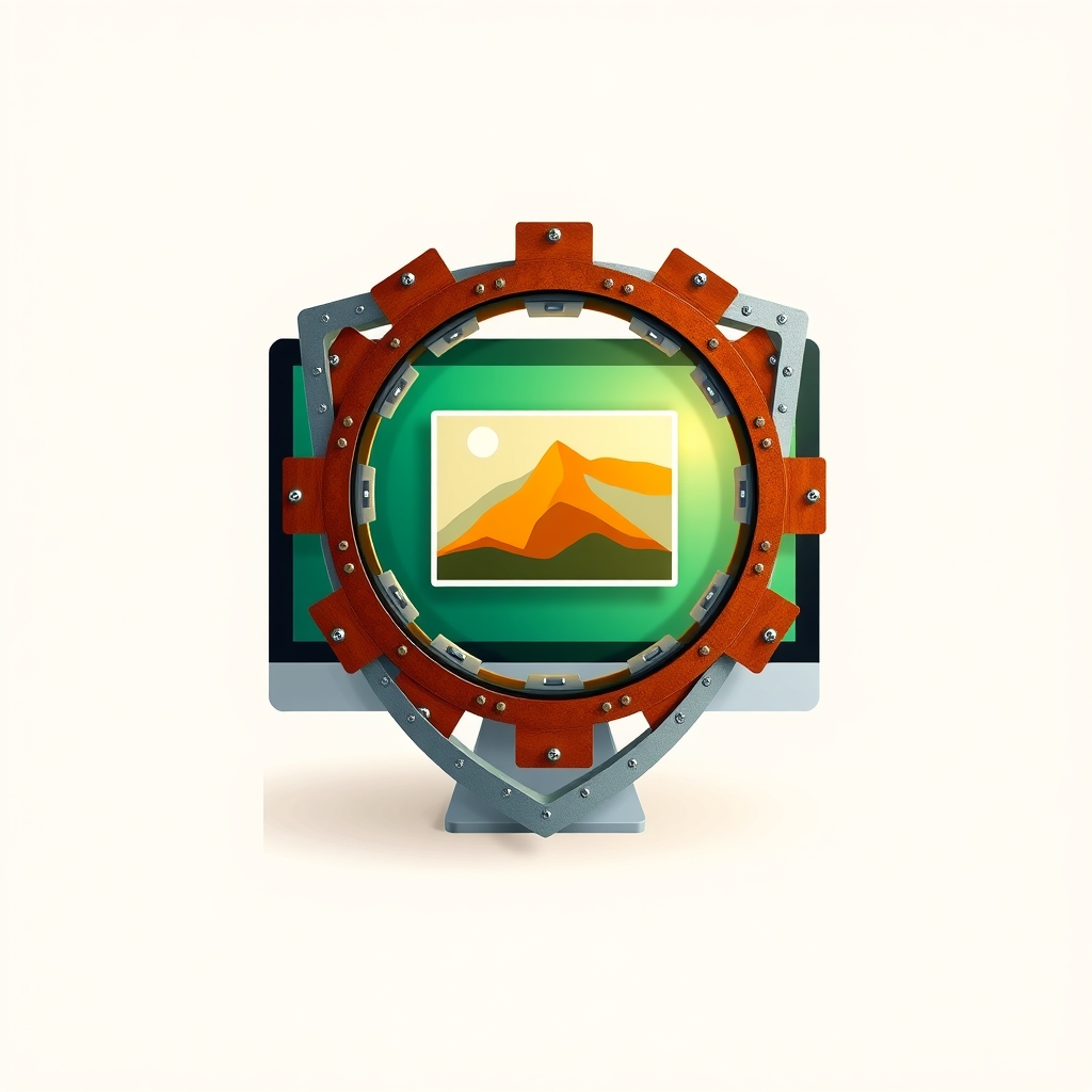 A metallic shield made of rust-colored gears protecting a digital photo.