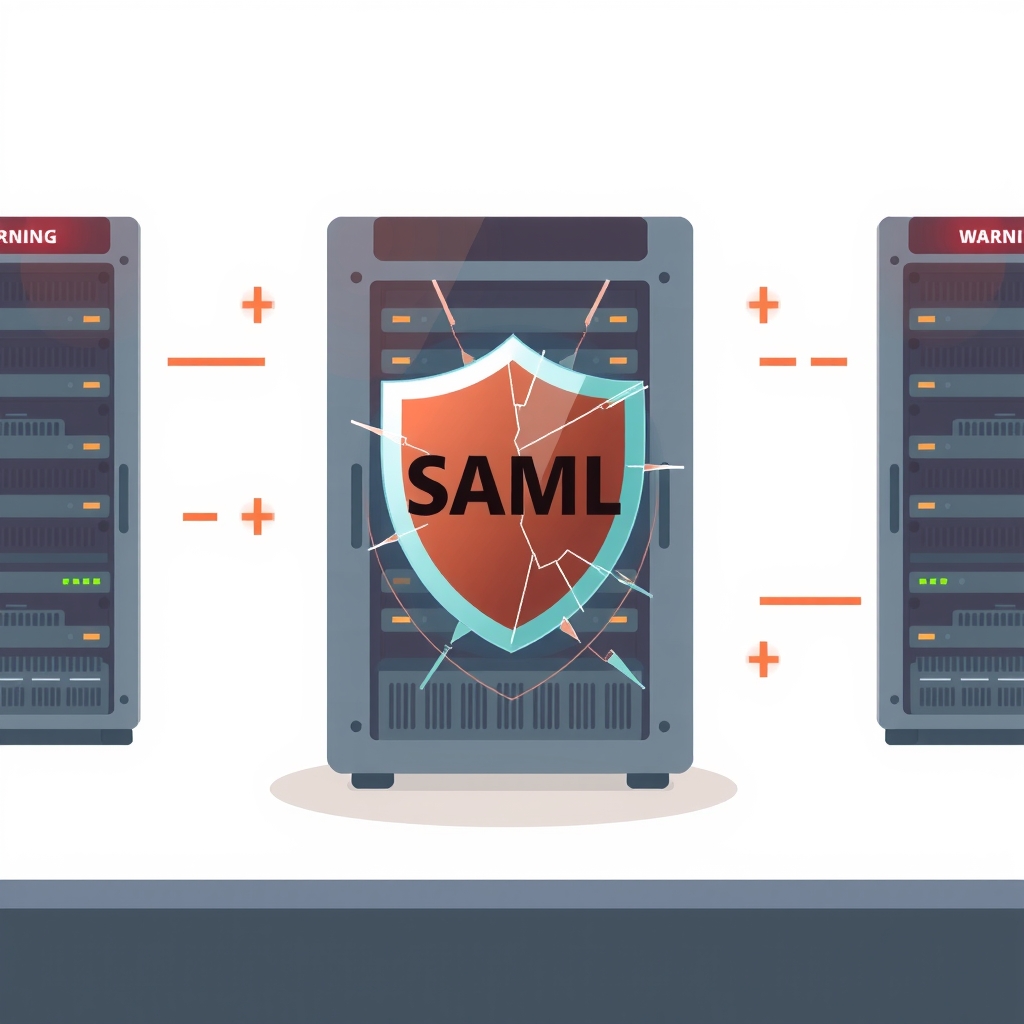 Illustration of a cracked SAML security shield protecting servers