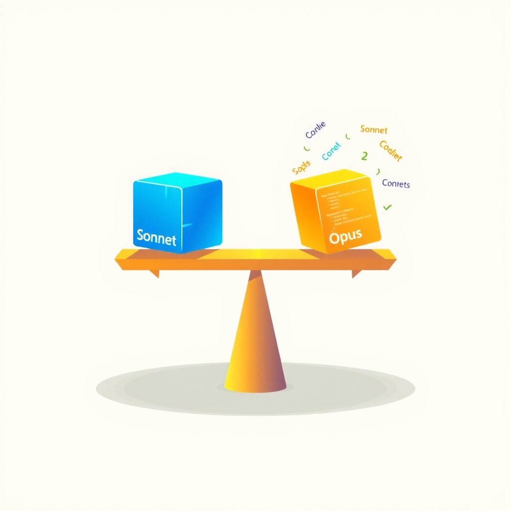 Illustration comparing Claude Sonnet and Opus models on a balance scale with code elements