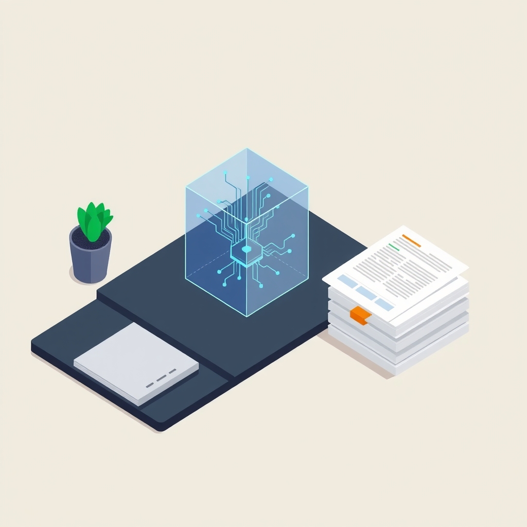 Un cube en verre avec des circuits lumineux représentant l'exécution sécurisée de code à côté de documents papier.