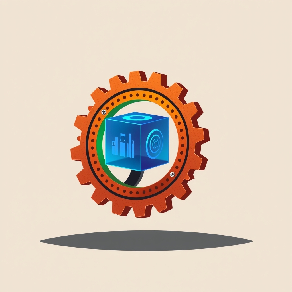 A rust-colored mechanical gear interlocking with a glowing blue digital cube.