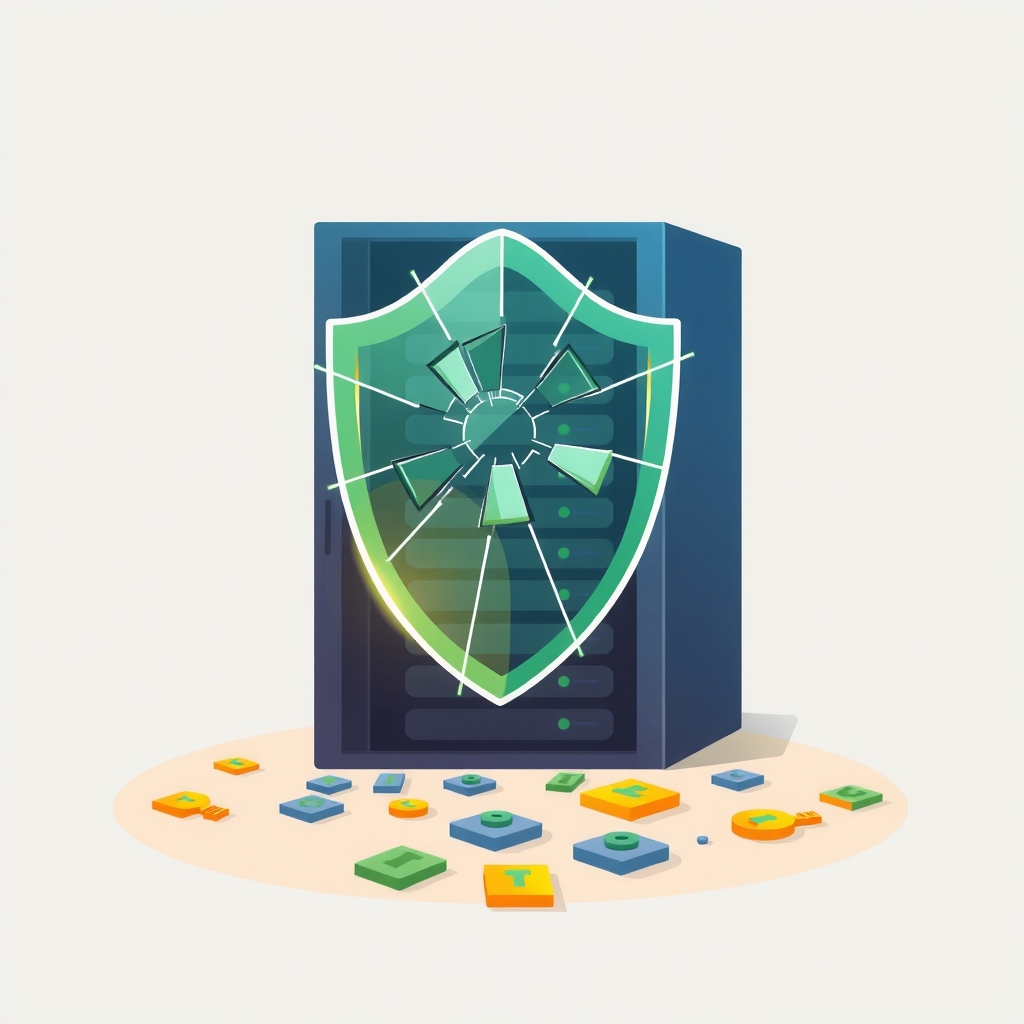 A broken digital shield around a cloud server representing a security breach.