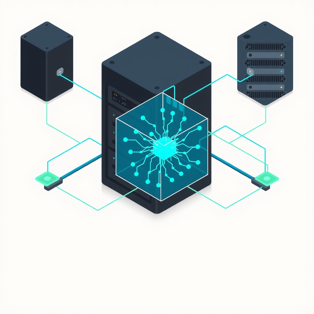Illustration of a server rack connected to a neural network cube