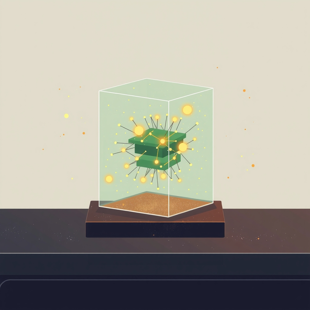 A glass cube with glowing neural layers and floating dust particles representing activation perturbations.