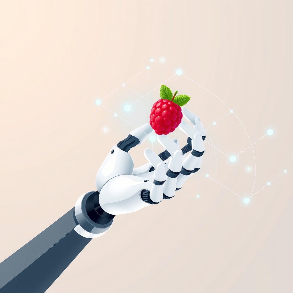 Ein Roboter-Greifer hält eine Himbeere, wobei digitale Kraftvektoren im Hintergrund sichtbar sind