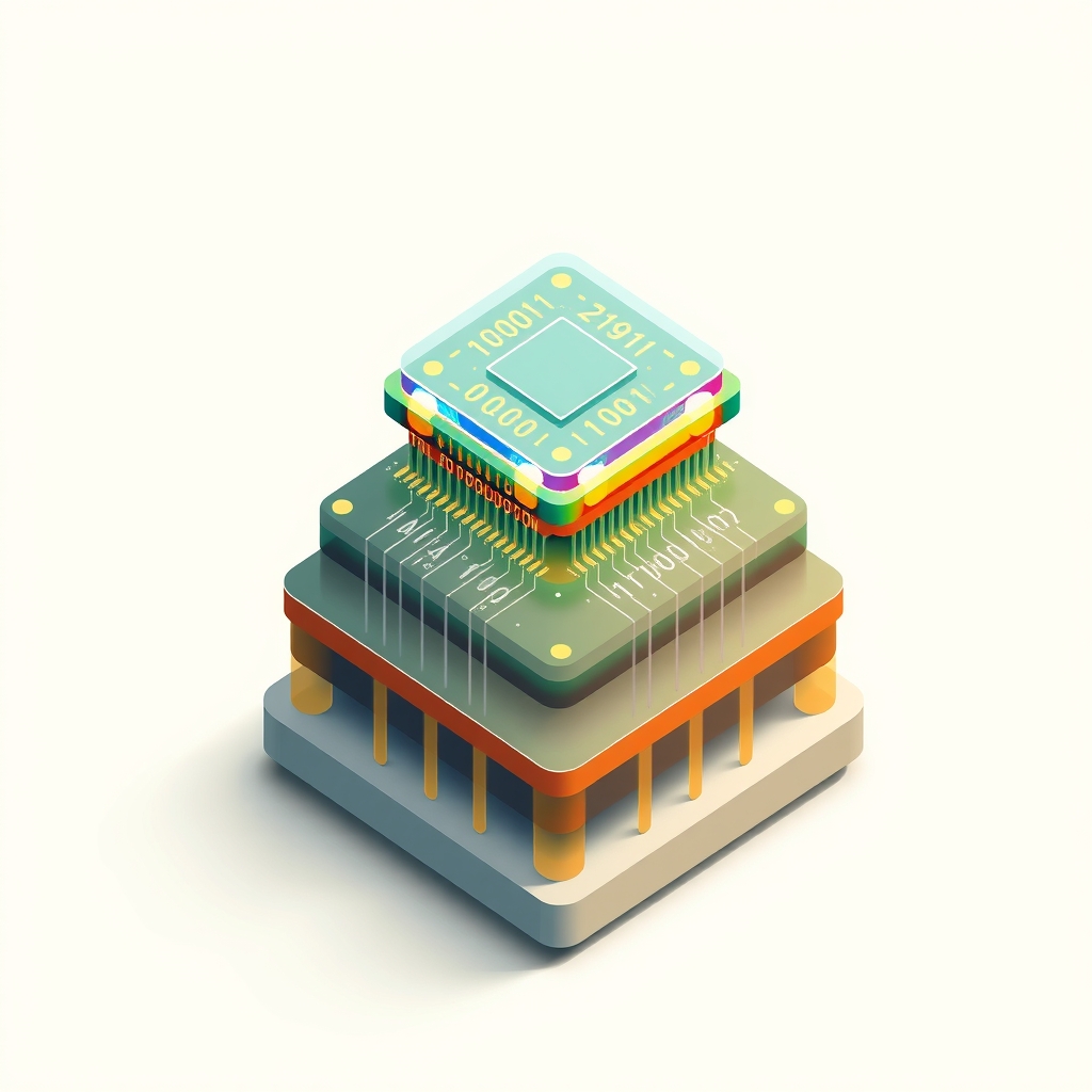 Illustration eines RISC-V-CPU-Chips, integriert in neuronale Netzwerkschichten