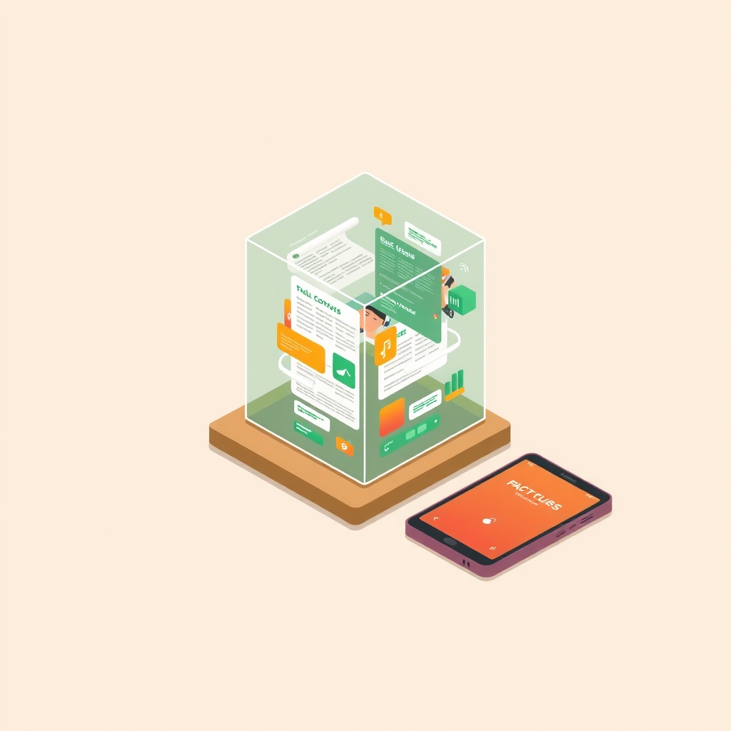 A glass cube with multimodal data layers on a desk beside a smartphone