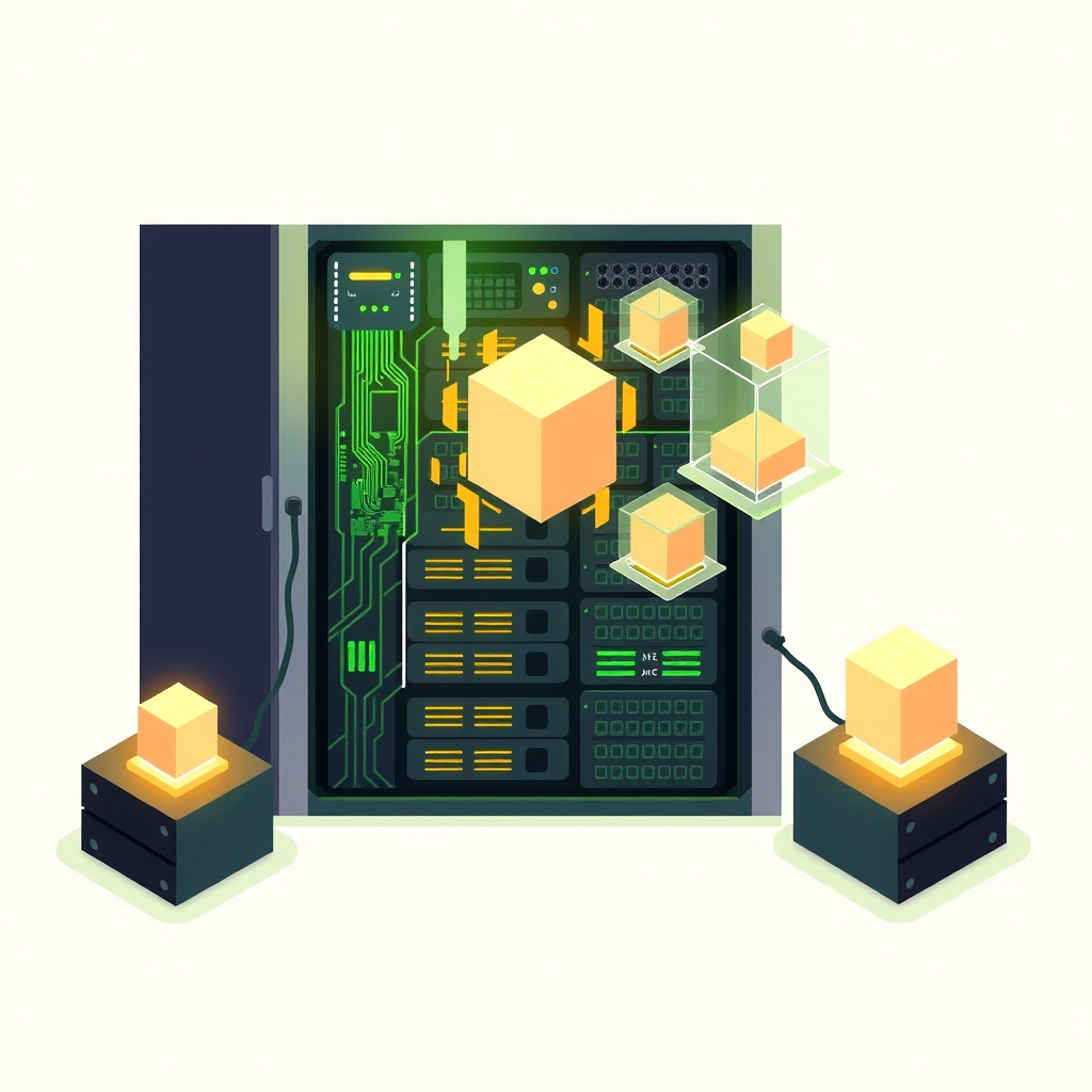 Illustration von GPU-Ressourcen, die in kleinere isolierte Fraktionen innerhalb eines Serverschranks aufgeteilt werden