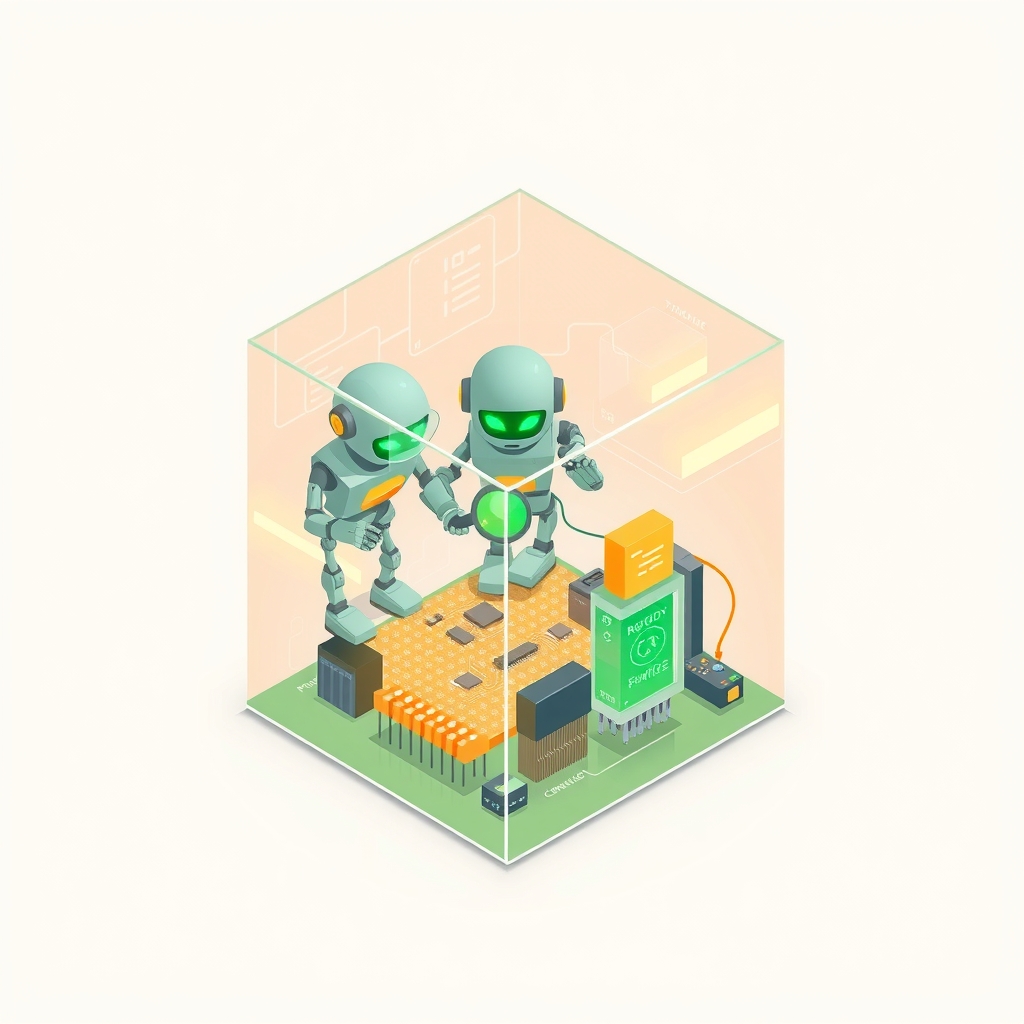 Robotic figures inspecting circuit boards inside a glass cube