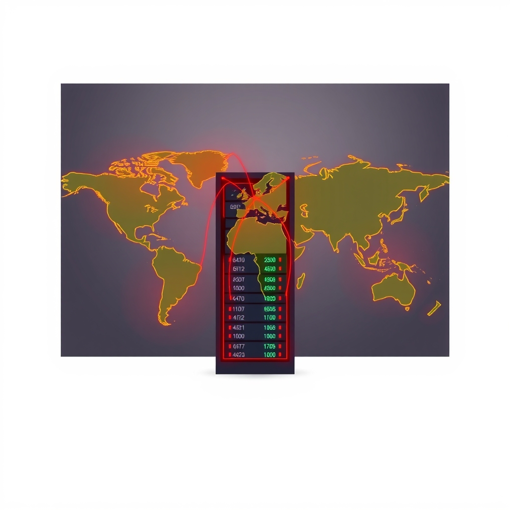 Une carte stylisée montrant des connexions de données mondiales convergeant vers un serveur central.