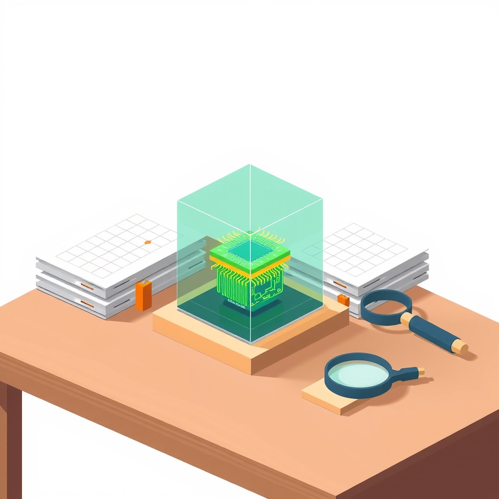 A small glass cube with internal circuits on a desk next to papers and a magnifying glass