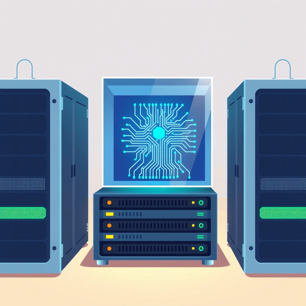 Un cube en verre contenant des circuits protégés par des boucliers métalliques sur un rack serveur