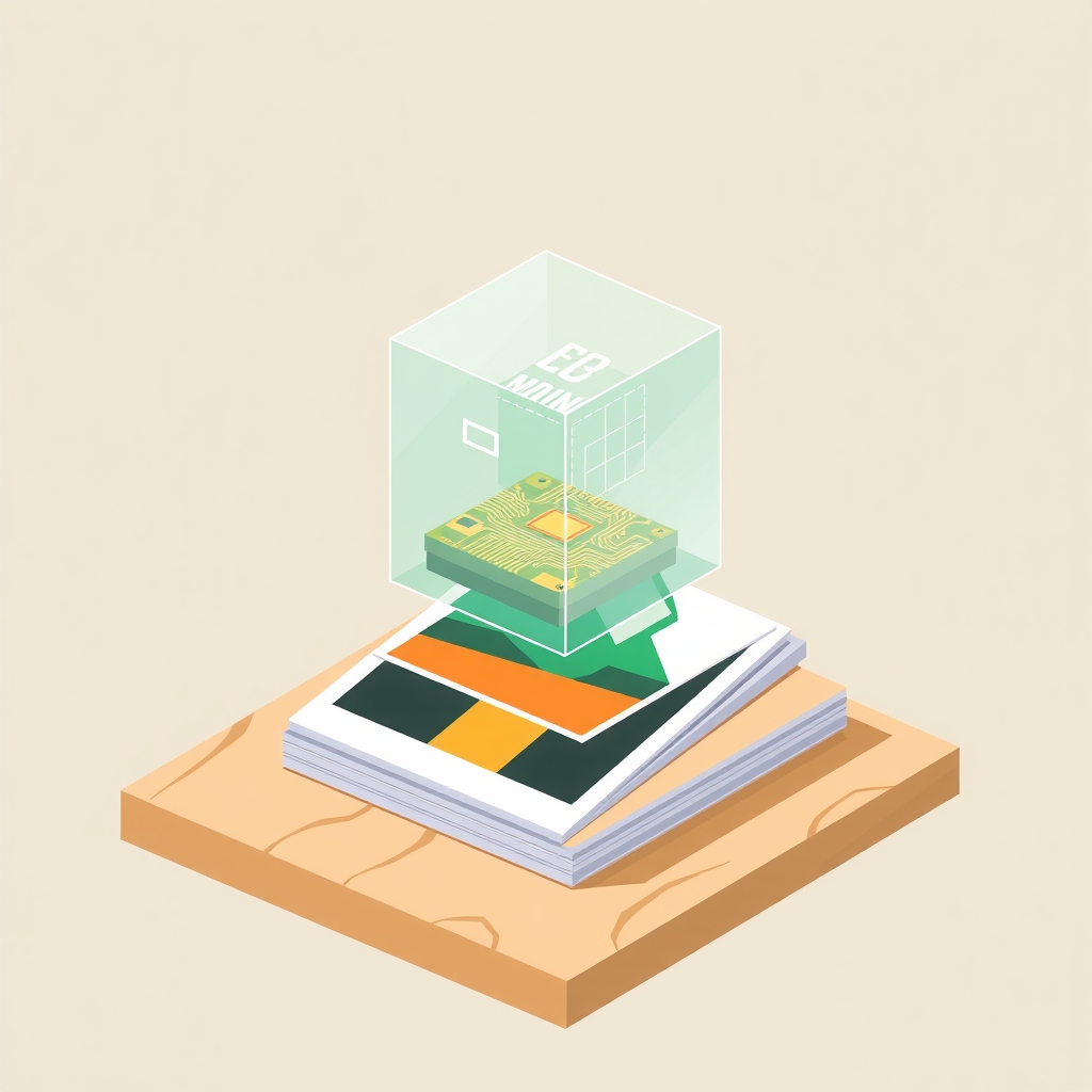 A glass cube with circuit layers hovering over photo prints.