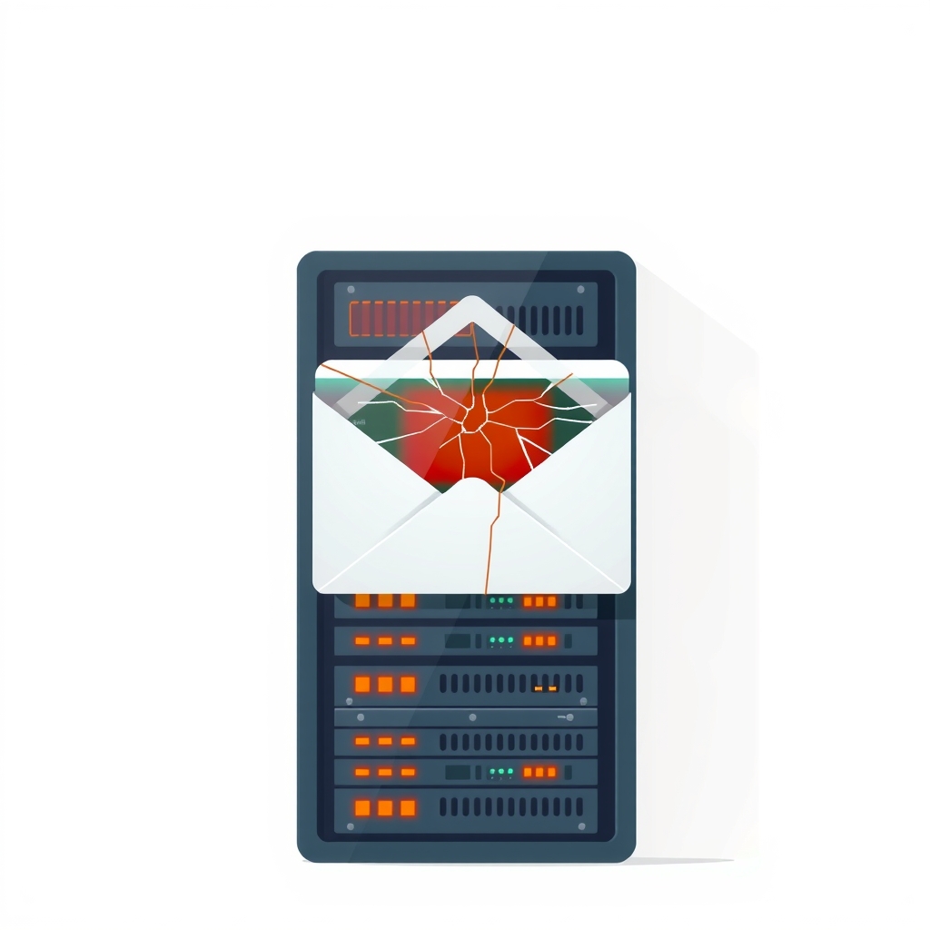 A cracked glass envelope on a server rack with red warning lights glowing from inside