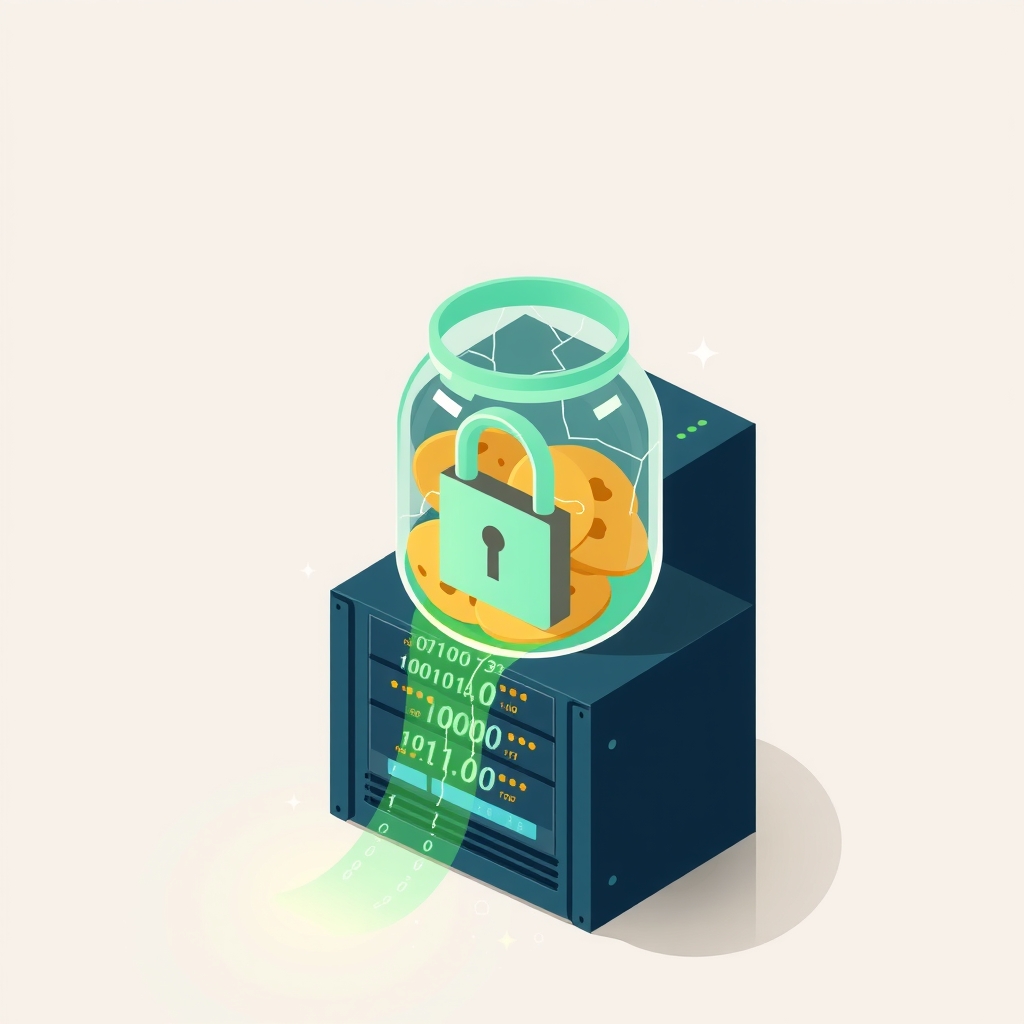 A conceptual illustration of a broken session cookie leaking code on a server.