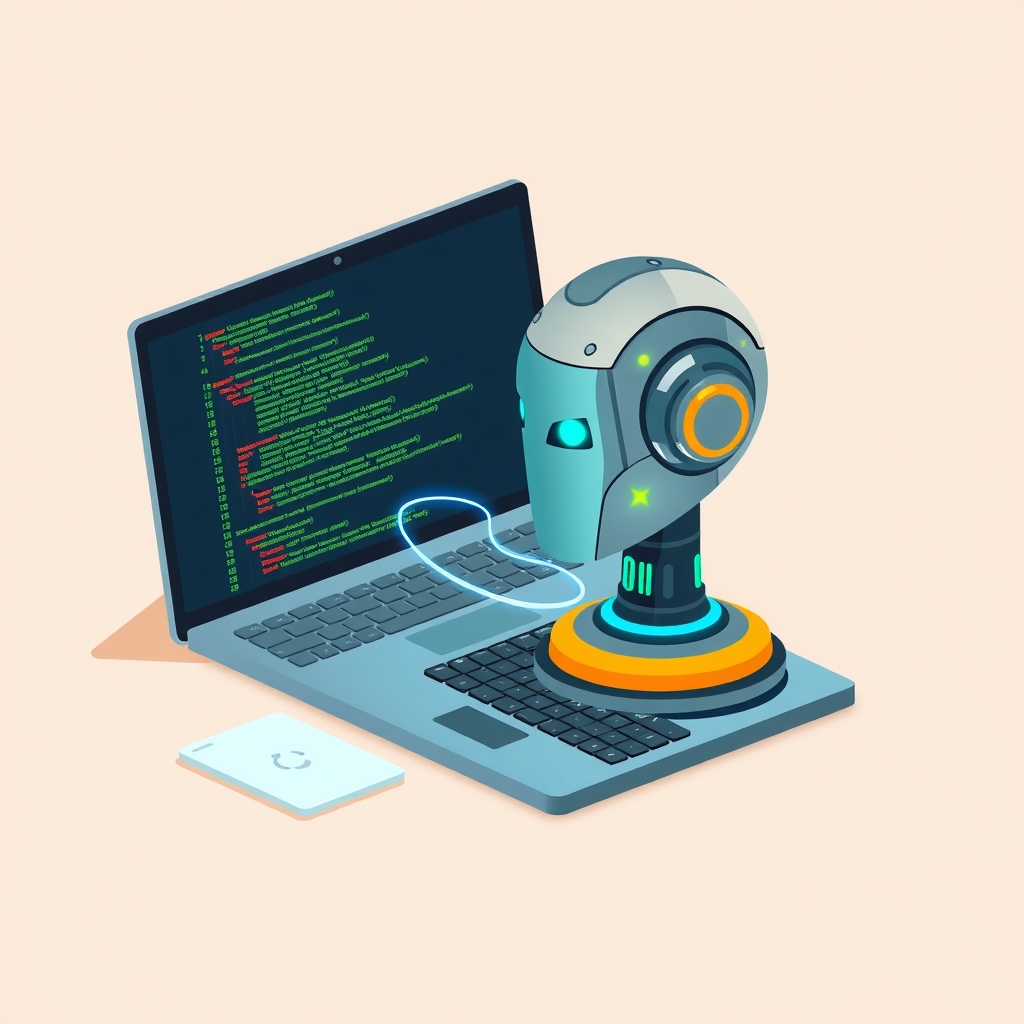 Une tête de robot Android connectée à un ordinateur portable affichant du code, symbolisant l'intégration de l'IA dans le développement Android.