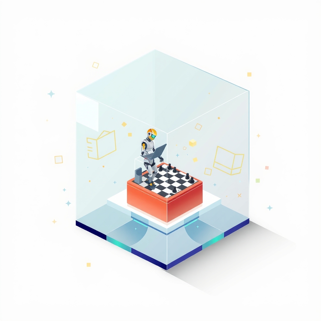 Một khối lập phương bằng kính chứa một robot đang chơi cờ đam bên trong, xung quanh là các lỗi kỹ thuật số.