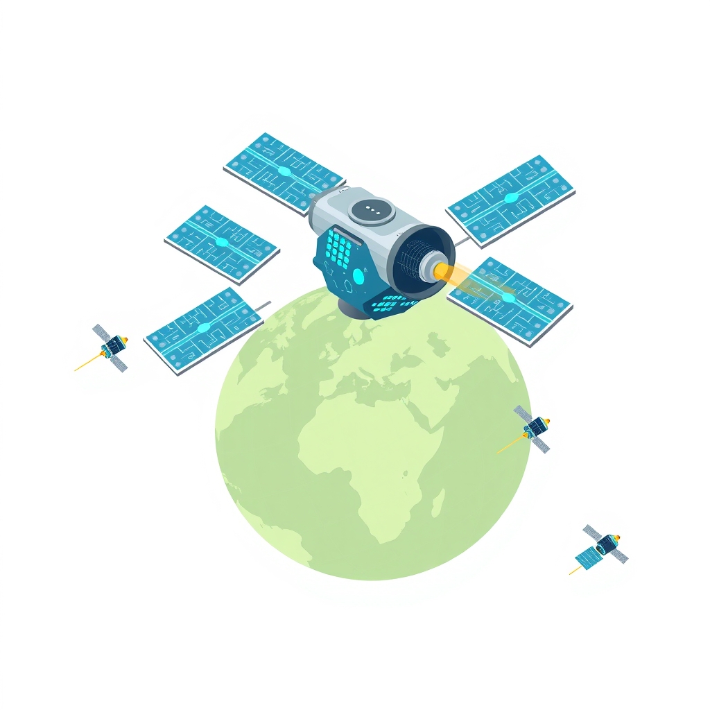 Illustration of a satellite with glowing circuits orbiting Earth and connecting to other satellites via laser links.