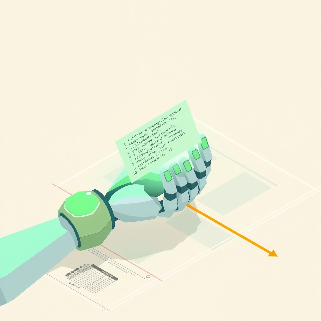 A robotic hand holding code that crosses a safety boundary on a blueprint.