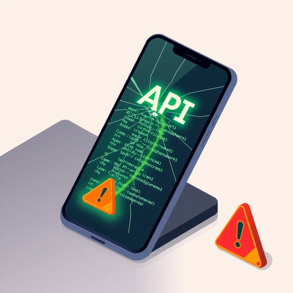 A cracked smartphone screen with leaking API code and a warning icon.