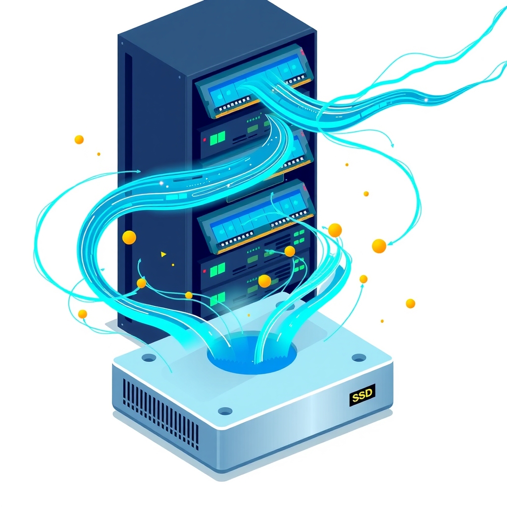 Minh họa các trang bộ nhớ di chuyển từ module RAM sang ổ SSD tốc độ cao.