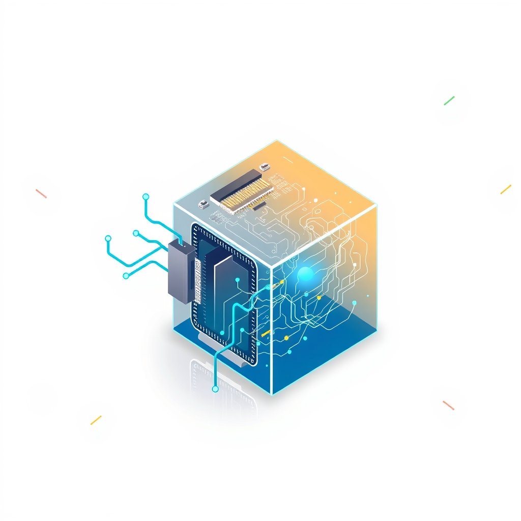 A microchip connected to a glass cube with a neural network inside