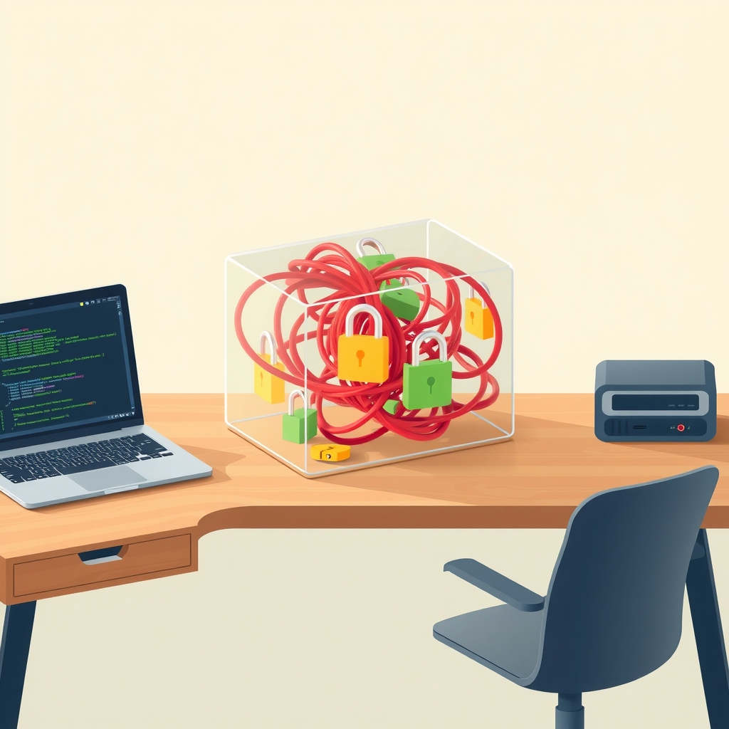 A glass box containing tangled red wires and padlocks on a desk beside a laptop, symbolizing trapped malicious code in open source packages.