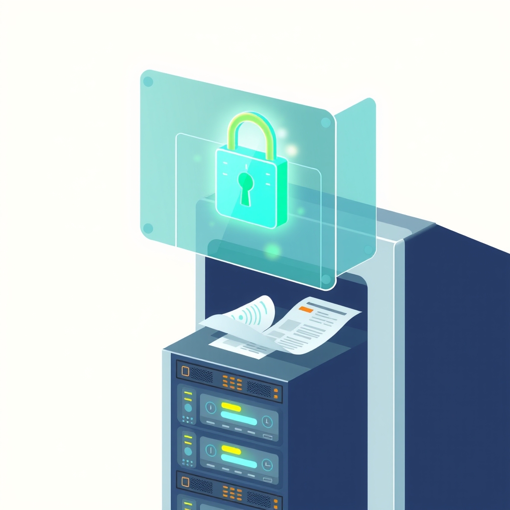 A glass folder with digital locks protecting documents above a server rack