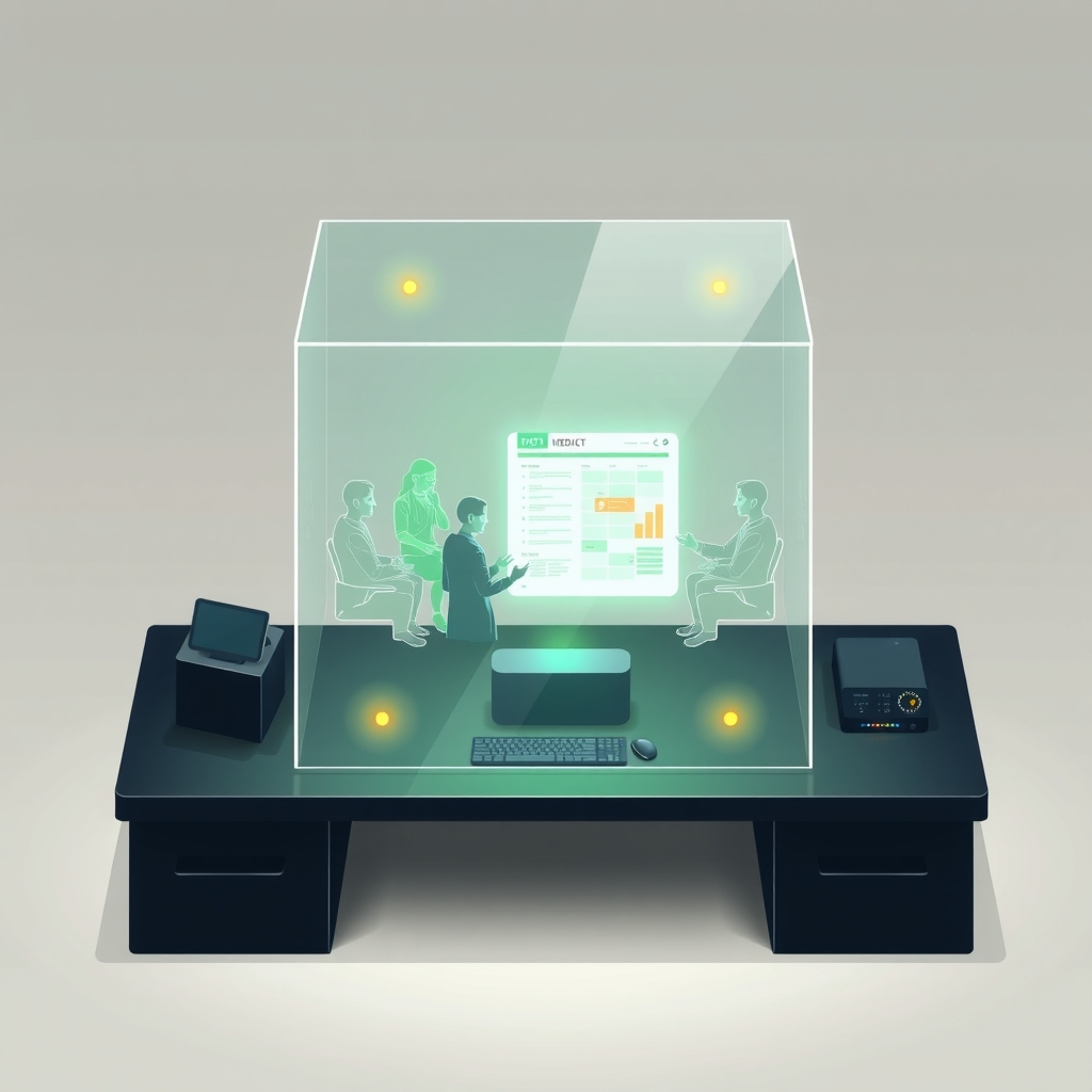 Avatares digitales dentro de un cubo de cristal debatiendo sobre un gráfico médico holográfico