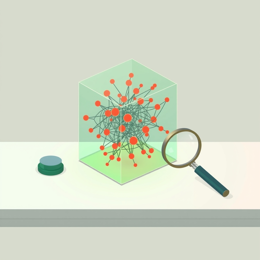 A glass cube with a tangled git graph and red nodes on a desk with a magnifying glass.