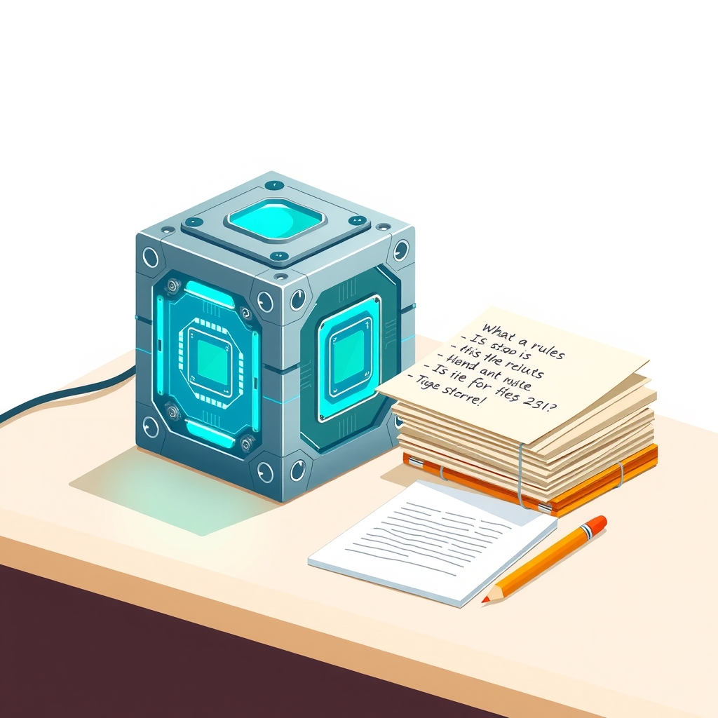 A metallic cube with glowing circuits representing an AI model next to handwritten policy notes.