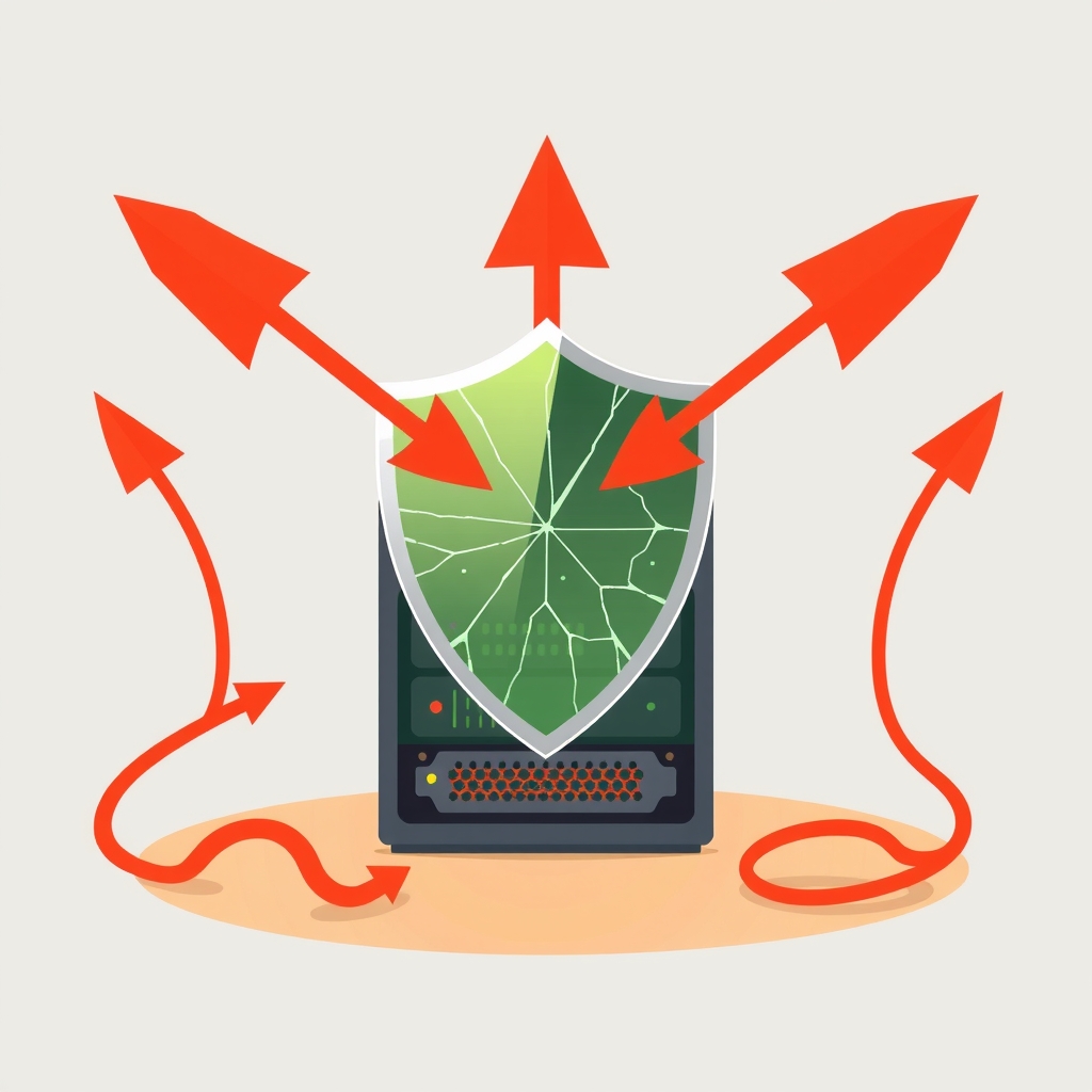 Illustration eines Servers, der durch einen gebrochenen Schild gegen digitale Angriffe geschützt wird
