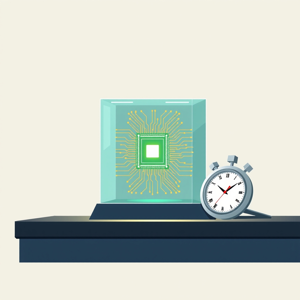 Illustration de étapes de diffusion compressées représentées par des circuits lumineux dans un cube en verre à côté d'un chronomètre