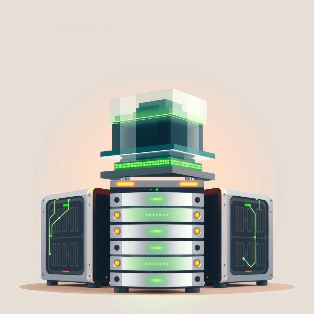 Stacked glass layers representing software components on a server rack