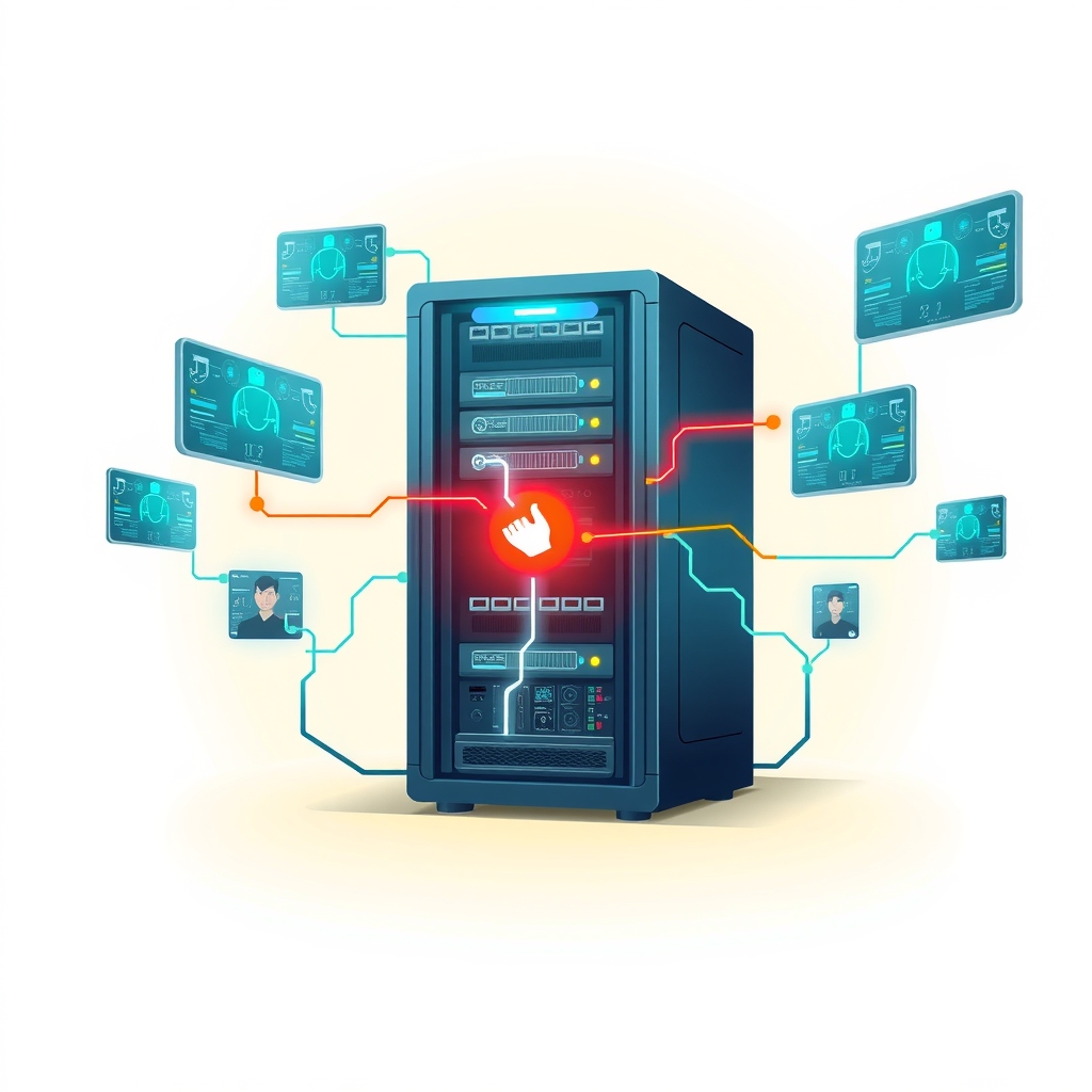 Illustration eines selbstheilenden Serverracks mit diagnostischen Overlays