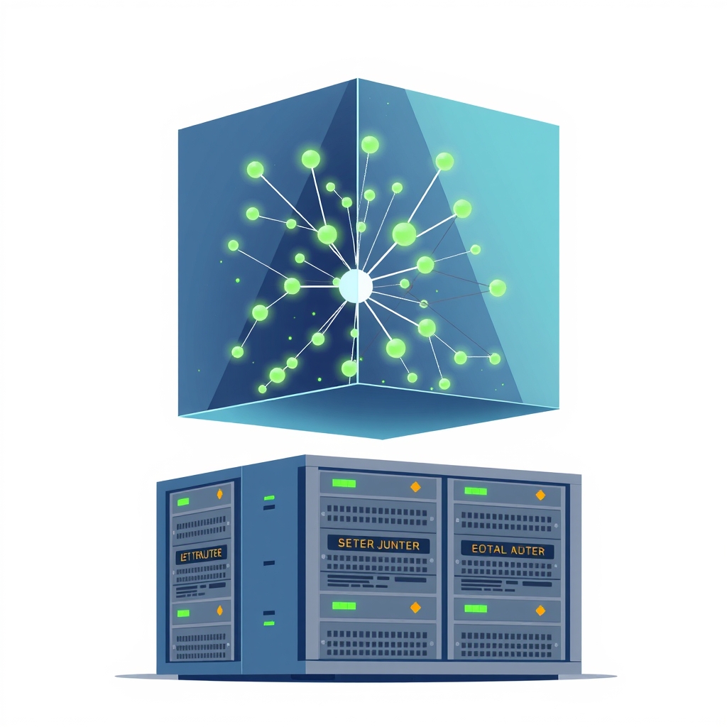 Một khối lập phương thủy tinh với các nút mạng phát sáng lơ lửng phía trên các rack server.