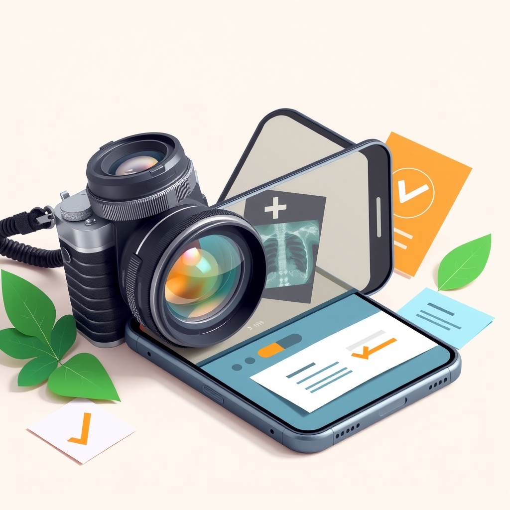 Ein Vintage-Kameraobjektiv auf einem Smartphone, das einen medizinischen Scan zeigt, symbolisiert alte Technik, die neue übertrifft.